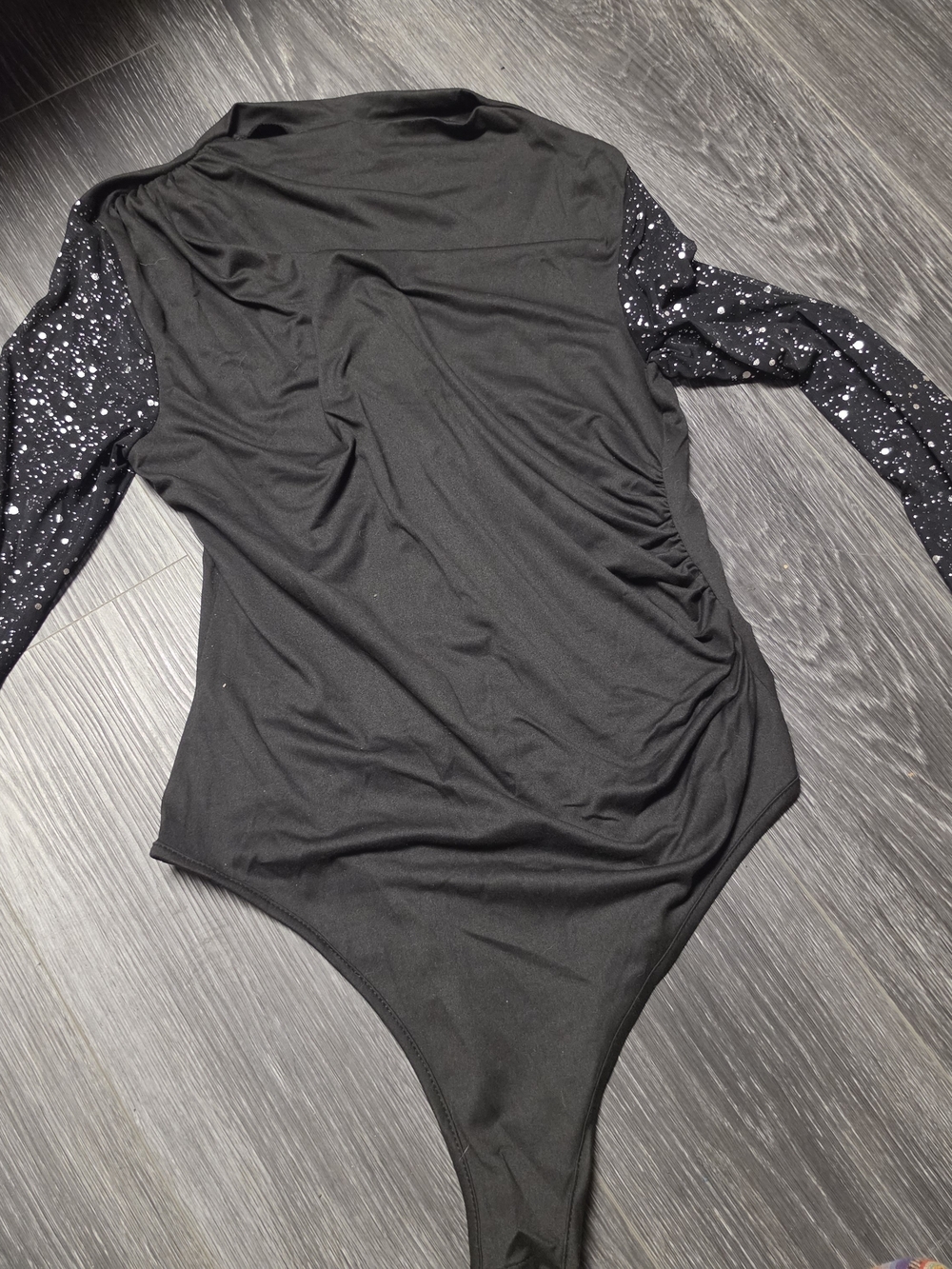 SHEIN Black Bodysuit with Black Sheer Sparkle Sleeves